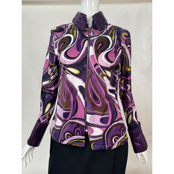 Psychedelic Patterned Jacket With Sequin Collar & Cuffs Sz Lg Zip Front Polyeste - Picture 15 of 16
